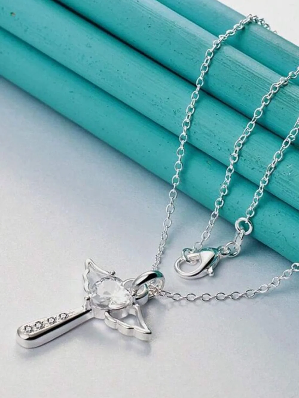 925‎ Sterling Silver Plated Necklace Angel Crystal Cross with 50 cm chain